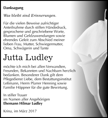 Traueranzeige von Jutta Ludley von Mitteldeutsche Zeitung Bitterfeld