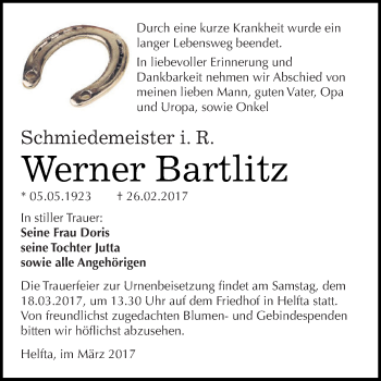 Traueranzeige von Werner Bartlitz von Super Sonntag SGH Mansf. Land