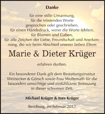 Traueranzeige von Marie und Dieter Krüger von Mitteldeutsche Zeitung Bernburg