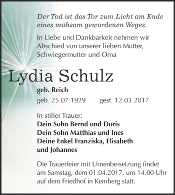 Traueranzeige von Lydia Schulz von Super Sonntag Wittenberg