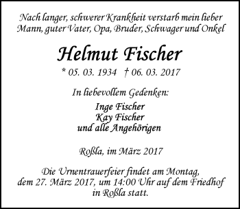 Traueranzeige von Helmut Fischer von Mitteldeutsche Zeitung Sangerhausen