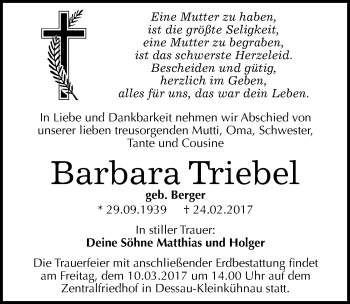 Traueranzeige von Barbara Triebel von Mitteldeutsche Zeitung Dessau-Roßlau