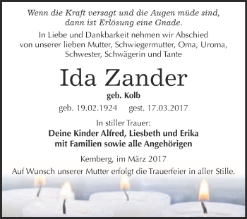Traueranzeige von Ida Zander von Super Sonntag Wittenberg