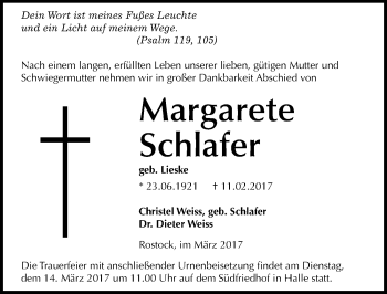 Traueranzeige von Margarete Schlafer von Mitteldeutsche Zeitung Halle/Saalkreis