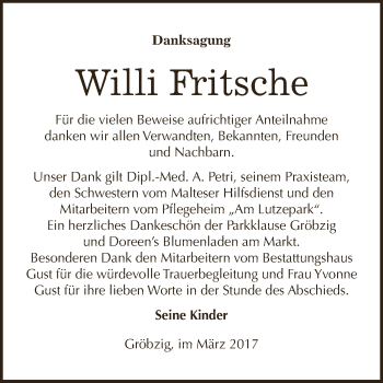 Traueranzeige von Willi Fritsche von WVG - Wochenspiegel Dessau / Köthen
