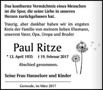 Traueranzeige von Paul Ritze von Mitteldeutsche Zeitung Quedlinburg