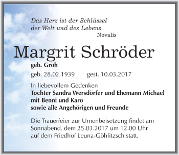 Traueranzeige von Margrit Schröder von Mitteldeutsche Zeitung Merseburg/Querfurt