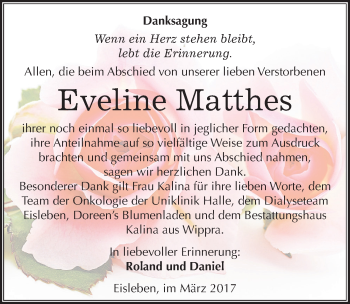 Traueranzeige von Eveline Matthes von Mitteldeutsche Zeitung Mansfelder Land