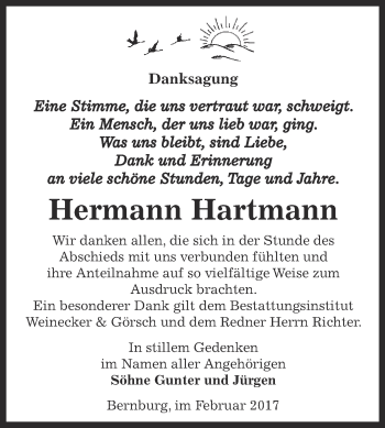 Traueranzeige von Hermann Hartmann von Super Sonntag Bernburg