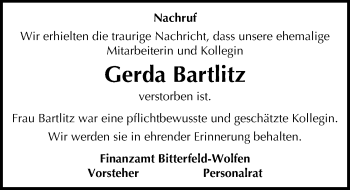 Traueranzeige von Gerda Bartlitz von Mitteldeutsche Zeitung Bitterfeld