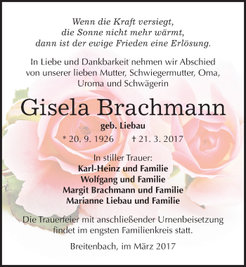 Traueranzeige von Gisela Brachmann von Mitteldeutsche Zeitung Sangerhausen