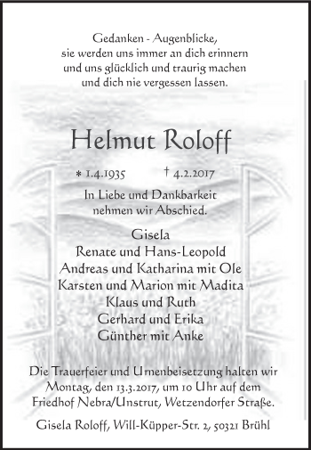 Traueranzeige von Helmut Roloff von WVG - Wochenspiegel NMB / WSF / ZTZ