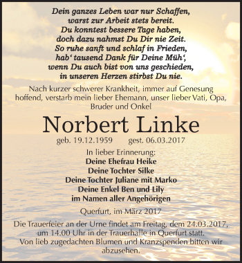 Traueranzeige von Norbert Linke von Mitteldeutsche Zeitung Merseburg/Querfurt