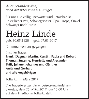 Traueranzeige von Heinz Linde von Super Sonntag Halle