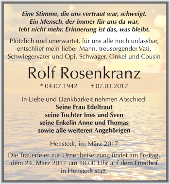 Traueranzeige von Rolf Rosenkranz von Mitteldeutsche Zeitung Mansfelder Land