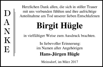 Traueranzeige von Birgit Hügle von Mitteldeutsche Zeitung Dessau-Roßlau