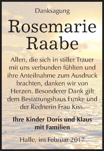 Traueranzeige von Rosemarie Raabe von Mitteldeutsche Zeitung Halle/Saalkreis