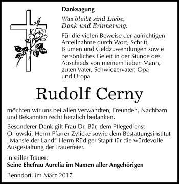 Traueranzeige von Rudolf Cerny von Mitteldeutsche Zeitung Mansfelder Land