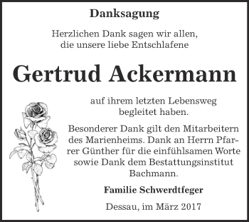 Traueranzeige von Gertrud Ackermann von WVG - Wochenspiegel Dessau / Köthen
