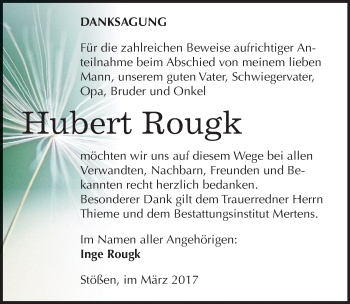 Traueranzeige von Hubert Rougk von Mitteldeutsche Zeitung Weißenfels