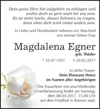 Traueranzeige von Magdalena Egner von Mitteldeutsche Zeitung Bitterfeld