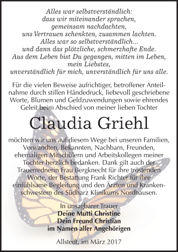 Traueranzeige von Claudia Griehl von Mitteldeutsche Zeitung Sangerhausen