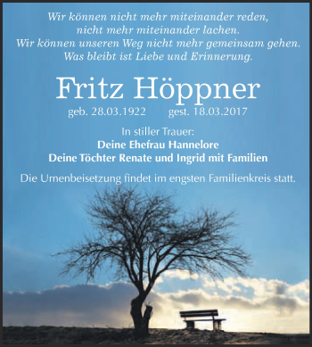 Traueranzeige von Fritz Höppner von WVG - Wochenspiegel Bitterfeld