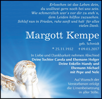Traueranzeige von Margott Kempe von Mitteldeutsche Zeitung Bitterfeld