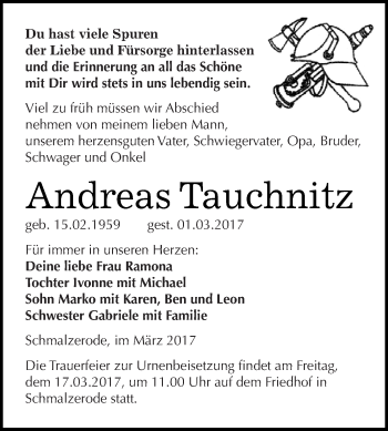 Traueranzeige von Andreas Tauchnitz von Super Sonntag SGH Mansf. Land