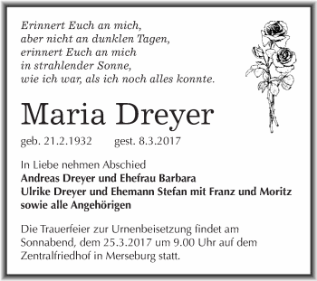 Traueranzeige von Maria Dreyer von Super Sonntag Halle