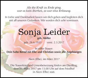 Traueranzeige von Sonja Leider von WVG - Wochenspiegel Dessau / Köthen