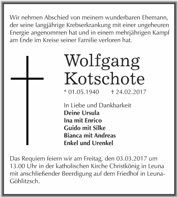Traueranzeige von Wolfgang Kotschote von Super Sonntag Halle