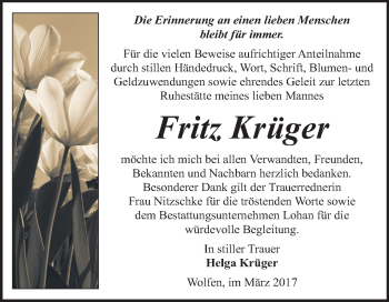 Traueranzeige von Fritz Krüger von WVG - Wochenspiegel Bitterfeld