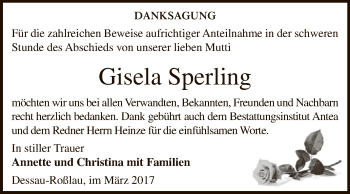 Traueranzeige von Gisela Sperling von WVG - Wochenspiegel Dessau / Köthen