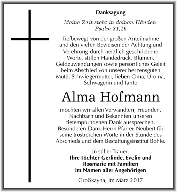 Traueranzeige von Alma Hofmann von Mitteldeutsche Zeitung Merseburg/Querfurt