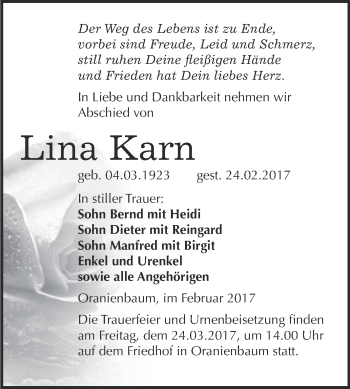Traueranzeige von Lina Karn von Super Sonntag Wittenberg