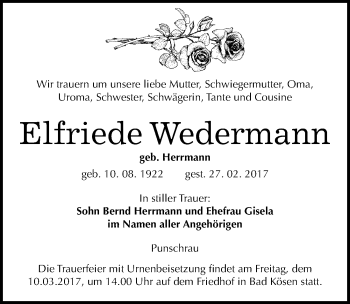Traueranzeige von Elfriede Wedermann von Mitteldeutsche Zeitung Naumburg/Nebra