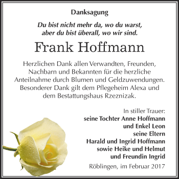Traueranzeige von Frank Hoffmann von Super Sonntag SGH Mansf. Land