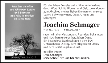 Traueranzeige von Joachim Schmager von WVG - Wochenspiegel Dessau / Köthen