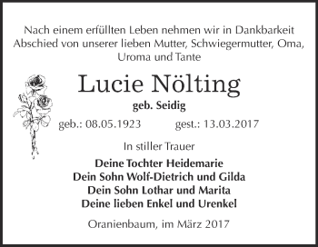 Traueranzeige von Lucie Nölting von Super Sonntag Wittenberg