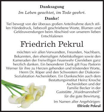 Traueranzeige von Friedrich Pekrul von Mitteldeutsche Zeitung Aschersleben