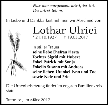 Traueranzeige von Lothar Ulrici von Mitteldeutsche Zeitung Zeitz