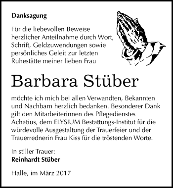 Traueranzeige von Barbara Stüber von Mitteldeutsche Zeitung Halle/Saalkreis