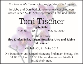 Traueranzeige von Toni Tischer von Super Sonntag Halle