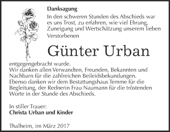 Traueranzeige von Günter Urban von WVG - Wochenspiegel Bitterfeld