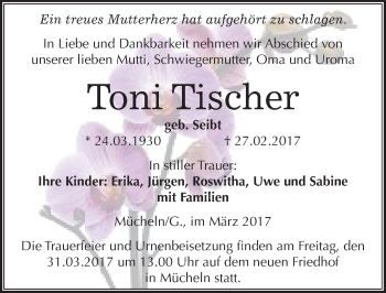 Traueranzeige von Toni Tischer von Mitteldeutsche Zeitung Merseburg/Querfurt