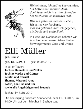 Traueranzeige von Elli Müller von Mitteldeutsche Zeitung Wittenberg