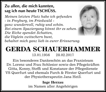 Traueranzeige von Gerda Schauerhammer von Mitteldeutsche Zeitung Merseburg/Querfurt