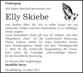 Traueranzeige von Elly Skiebe von Super Sonntag Quedlinburg