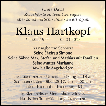 Traueranzeige von Klaus Hartkopf von Super Sonntag SGH Mansf. Land
